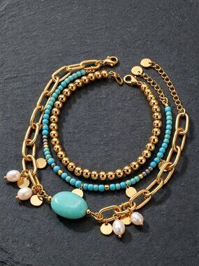 Stackable Bracelet Set of 3 Blue Stone Freshwater Pearl Charm 18K Gold Steel